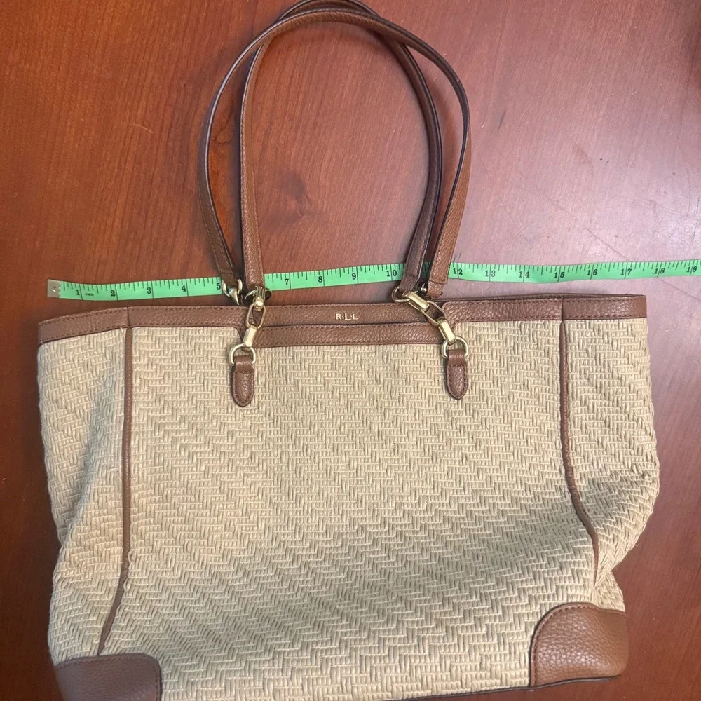 Ralph Lauren woven straw gold faux leather tote bag purse classic summer resort
